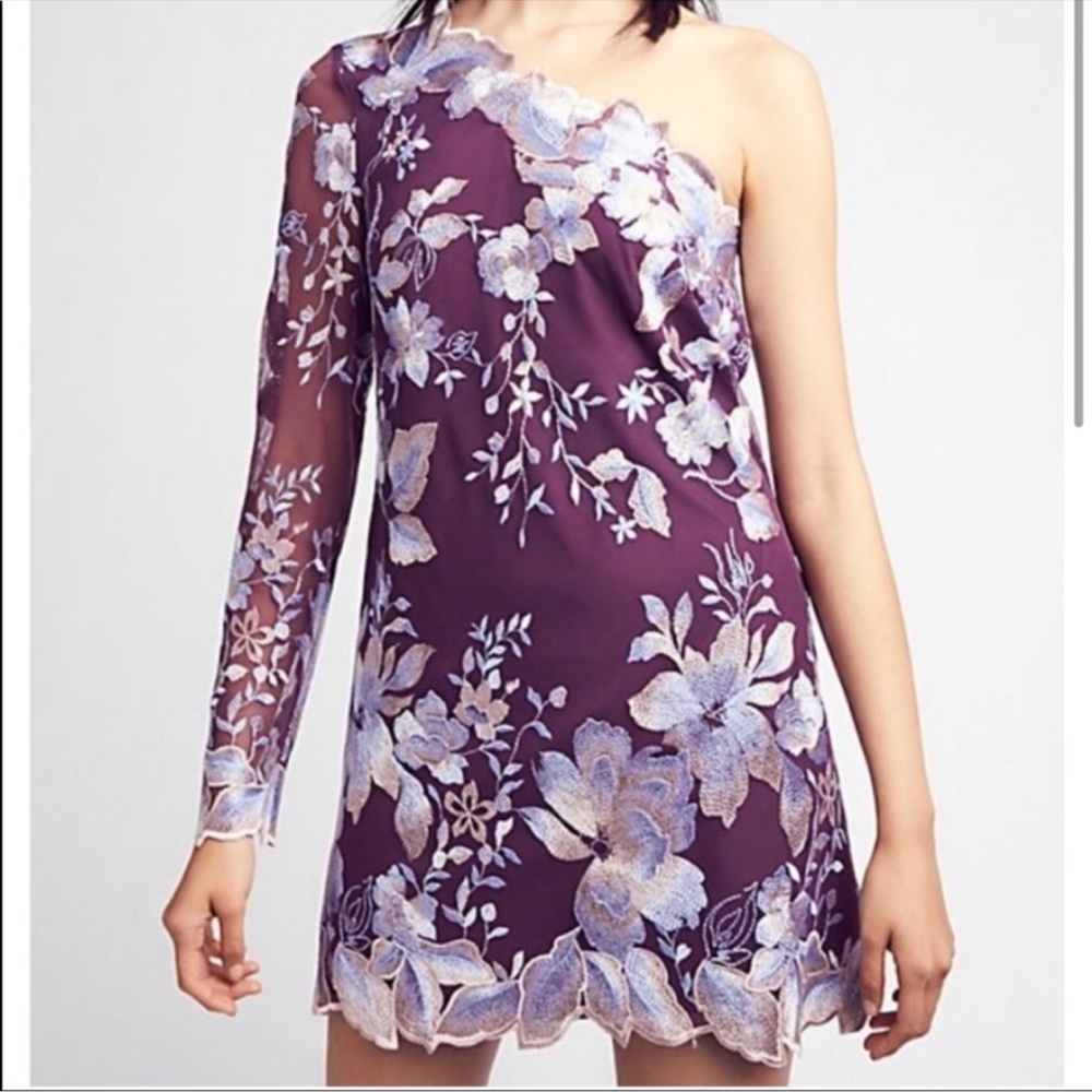 Free People One-Shoulder Purple Floral Embroidered Mini Dress
